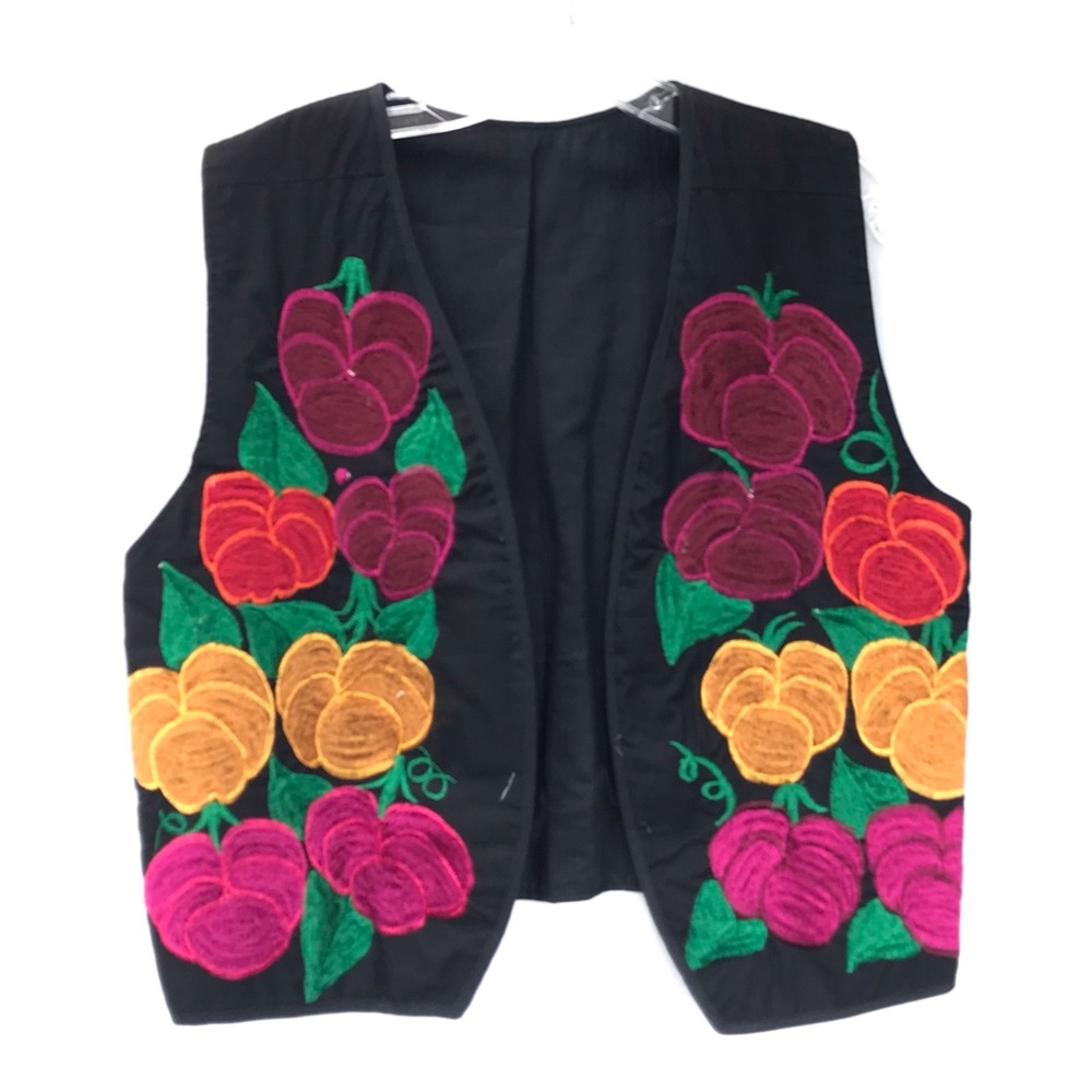 Vintage Guatemalan Vest Size L Black with Flowers